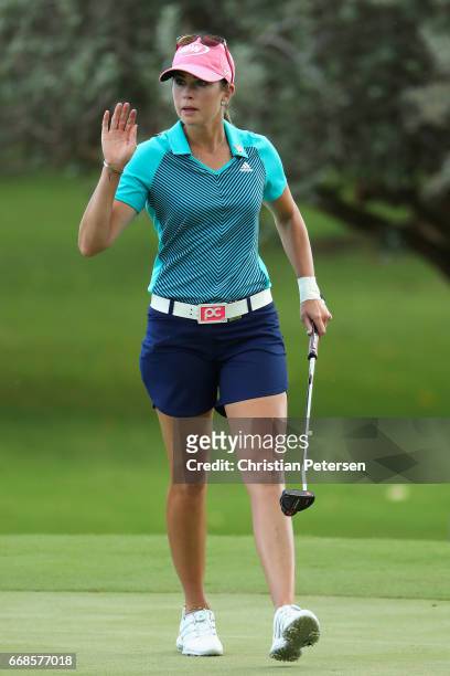 Paula Creamer reacts to a putt the ninth green during the first round of the LPGA LOTTE Championship Presented By Hershey at Ko Olina Golf Club on...
