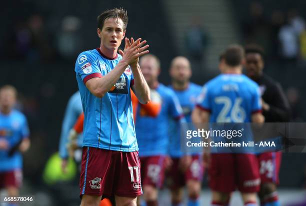 Josh Morris of Scunthorpe United applauds during the Sky Bet League One match between MK Dons and Scunthorpe United at StadiumMK on April 14, 2017 in...
