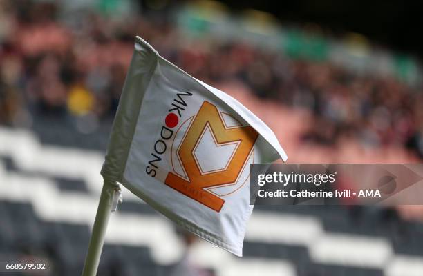 The MK Dons club badge on a corner flag during the Sky Bet League One match between MK Dons and Scunthorpe United at StadiumMK on April 14, 2017 in...