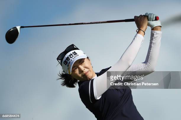 Mi Jung Hur of Republic of Korea plays a tee shot on the 13th hole during the first round of the LPGA LOTTE Championship Presented By Hershey at Ko...