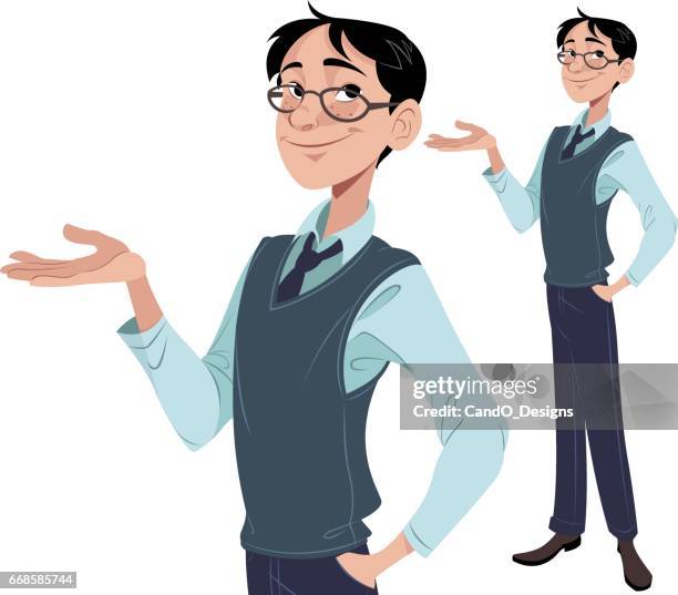 nerdy guy presenting - freckle stock illustrations