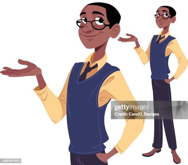 nerdy guy presenting - comedy show stock illustrations