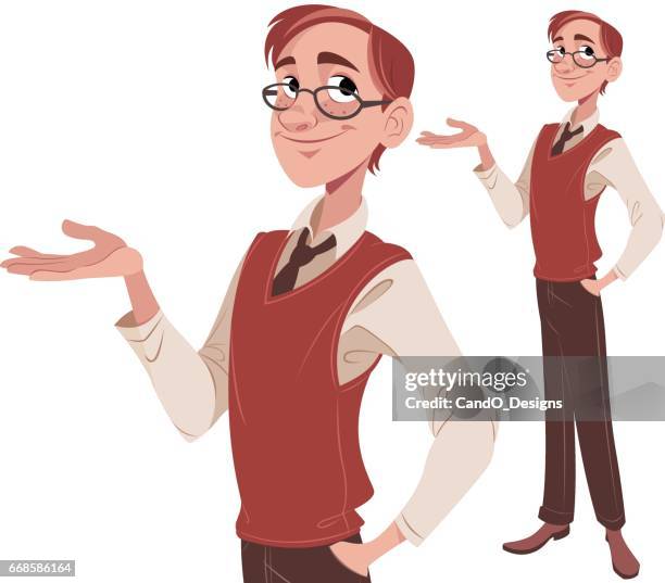 nerdy guy presenting - ginger glasses stock illustrations