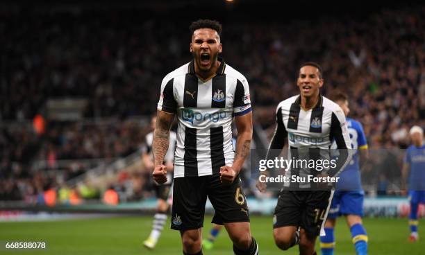 Jamaal Lascelles of Newcastle celebrates after scoring the first goal during the Sky Bet Championship match between Newcastle United and Leeds United...