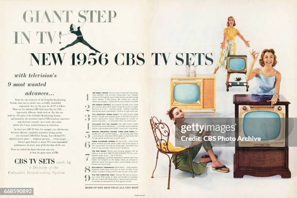 Print advertisement for CBS TV Sets. Featuring various television receiver styles, , the 17-inch Washington Model; the 21-inch Ambassador Model; and...