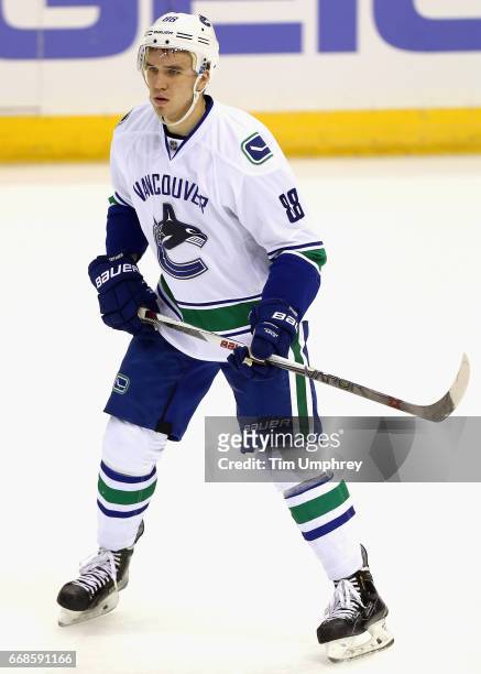 Nikita Tryamkin of the Vancouver Canucks plays in the game against the St. Louis Blues at the Scottrade Center on March 25, 2016 in St. Louis,...