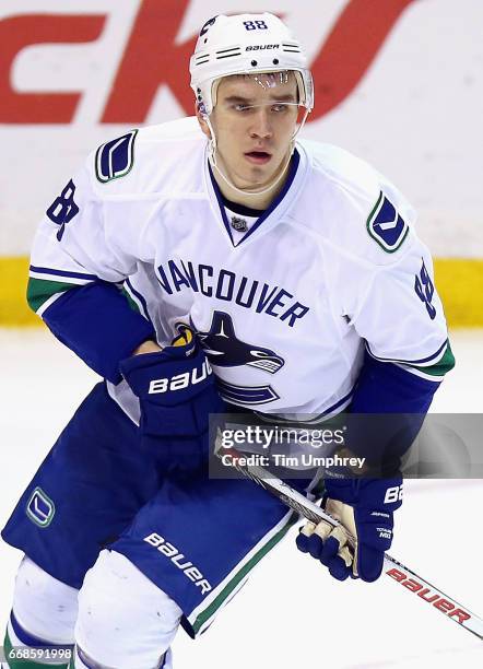 Nikita Tryamkin of the Vancouver Canucks plays in the game against the St. Louis Blues at the Scottrade Center on March 25, 2016 in St. Louis,...