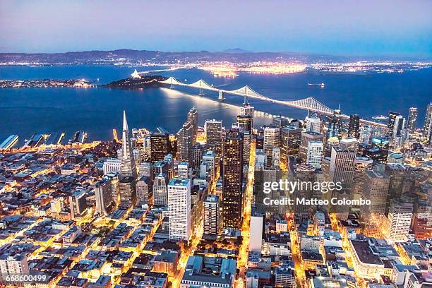 aerial of downtown san francisco, usa - san francisco oakland bay bridge - fotografias e filmes do acervo