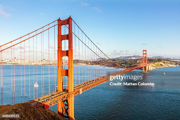 golden gate bridge and bay, san francisco, usa - golden gate bridge stock-fotos und bilder