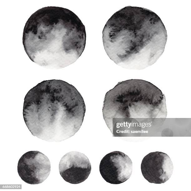watercolor black circles - moon phases white background stock illustrations