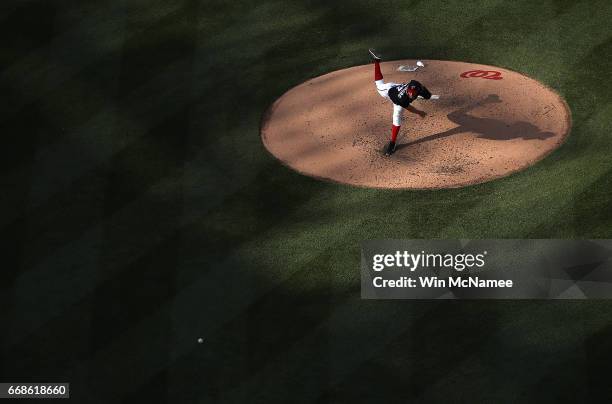 Stephen Strasburg of the Washington Nationals pitches against the Philadelphia Phillies on April 14, 2017 at Nationals Park in Washington, DC.