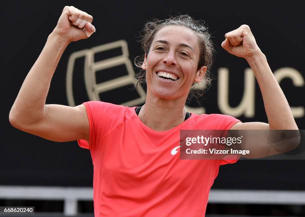 Francesca Schiavone of Italy celebrates after winning a game against Johanna Larsson of Switzerland during a semifinal match as part of Claro Open...