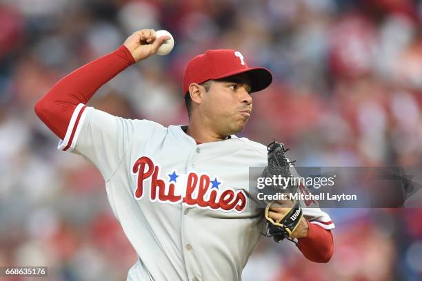 Jeanmar Gomez of the Philadelphia Phillies pitches in the tenth inning during a baseball game against the Washington Nationals at Nationals Park on...