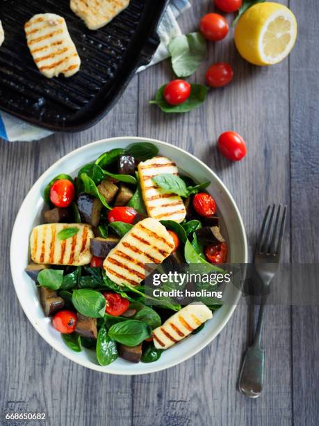 healthy roasted vegetable salad with grilled halloumi cheese - griddle stock pictures, royalty-free photos & images