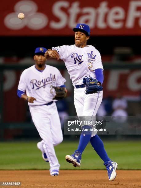 Raul Mondesi of the Kansas City Royals throws toward first during the game against the Los Angeles Angels at Kauffman Stadium on April 14, 2017 in...