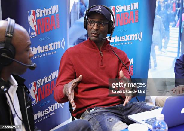 Eddie Johnson and co-hosts Greg Anthony, Justin Termine and Sam Mitchell take part in SiriusXM's NBA Radio Playoff Preview live from the NBA Store on...