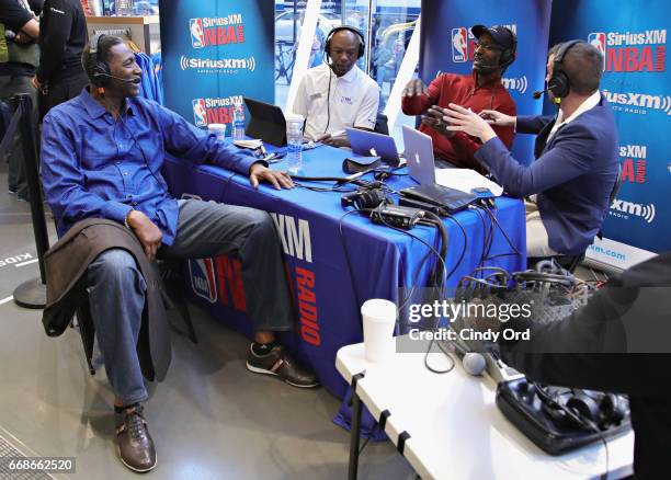 Hosts Sam Mitchell, Greg Anthony, Eddie Johnson and Justin Termine take part in SiriusXM's NBA Radio Playoff Preview live from the NBA Store on April...