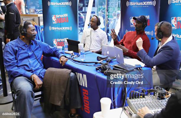 Hosts Sam Mitchell, Greg Anthony, Eddie Johnson and Justin Termine take part in SiriusXM's NBA Radio Playoff Preview live from the NBA Store on April...