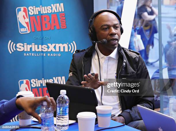 Greg Anthony and co-hosts Eddie Johnson, Justin Termine and Sam Mitchell take part in SiriusXM's NBA Radio Playoff Preview live from the NBA Store on...