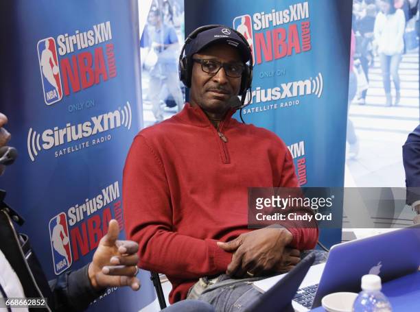 Eddie Johnson and co-hosts Greg Anthony, Justin Termine and Sam Mitchell take part in SiriusXM's NBA Radio Playoff Preview live from the NBA Store on...
