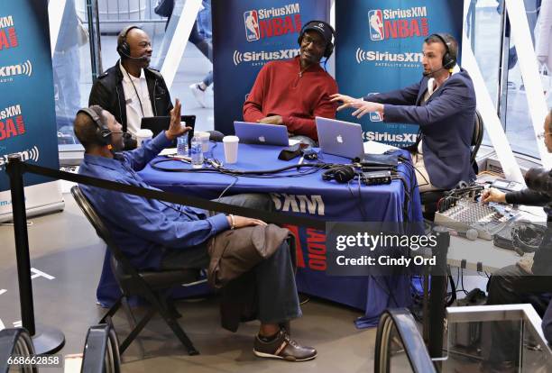 Hosts Sam Mitchell, Greg Anthony, Eddie Johnson and Justin Termine take part in SiriusXM's NBA Radio Playoff Preview live from the NBA Store on April...