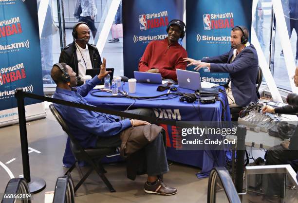 Hosts Sam Mitchell, Greg Anthony, Eddie Johnson and Justin Termine take part in SiriusXM's NBA Radio Playoff Preview live from the NBA Store on April...