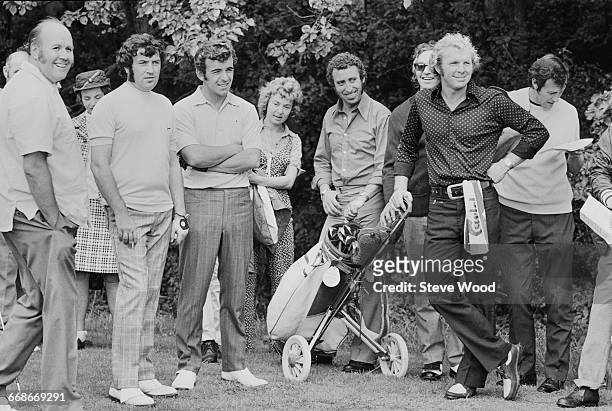Comedian Jimmy Tarbuck , golfer Tony Jacklin and footballer Bobby Moore take part in a Pro-Am golf tournament at Abridge Golf Club, Essex, UK, 22nd...