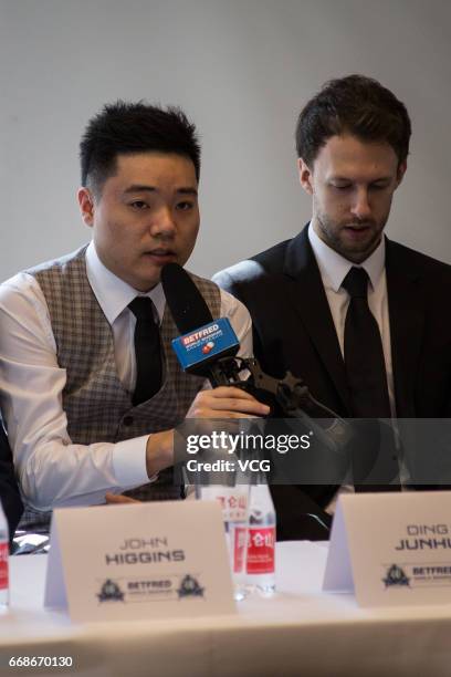 Ding Junhui of China talks to the media during a media day ahead of the World Snooker Championships at Crucible Theatre on April 14, 2017 in...