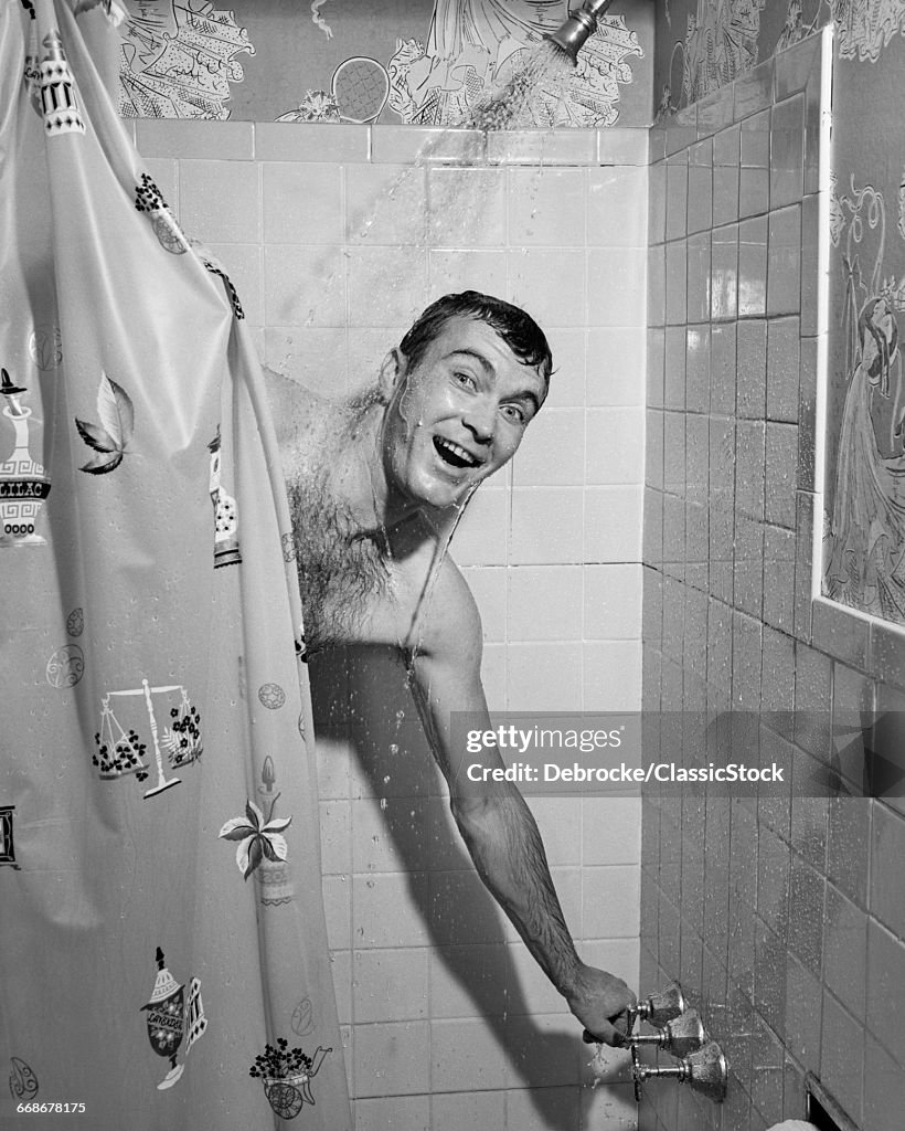 1950s MAN IN SHOWER...