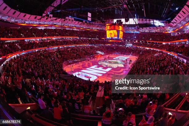 General view of the United Center during pregame festivities of game 1 of the first round of the 2017 NHL Stanley Cup Playoffs between the Chicago...