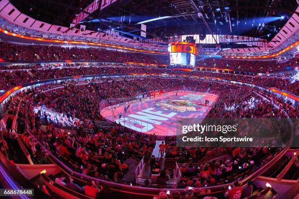 General view of the United Center during pregame festivities of game 1 of the first round of the 2017 NHL Stanley Cup Playoffs between the Chicago...