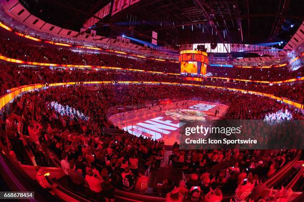 General view of the United Center during pregame festivities of game 1 of the first round of the 2017 NHL Stanley Cup Playoffs between the Chicago...