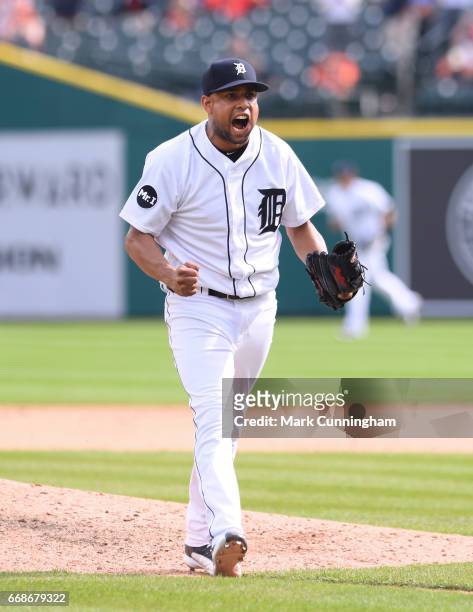 Francisco Rodriguez of the Detroit Tigers reacts after getting the final out of the victory against the Boston Red Sox at Comerica Park on April 10,...
