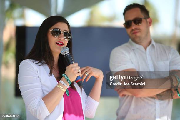 Melissa Abbott and Dustin Evans speak to the crowd at the KALEIDOSCOPE: LAWN TALKS presented by Delta Air Lines & Cannabinoid Water on April 13, 2017...