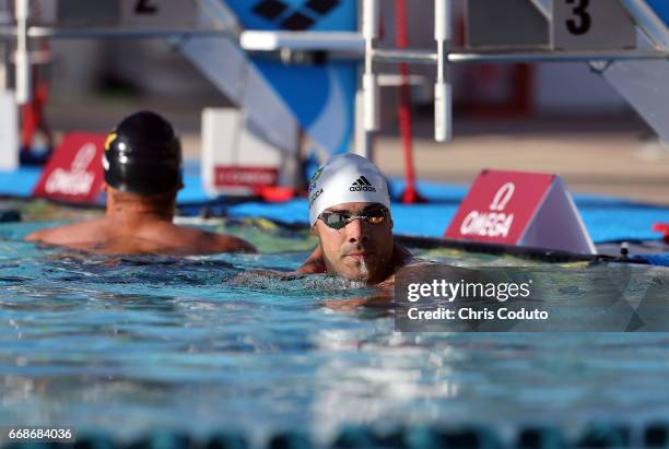 Joao De Lucca reacts after competing in the finals of the 100 meter freestyle on day one of the Arena Pro Swim Series - Mesa at Skyline Aquatic...