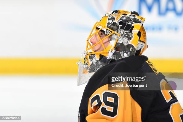 Marc-Andre Fleury of the Pittsburgh Penguins looks on against the Columbus Blue Jackets in Game One of the Eastern Conference First Round during the...