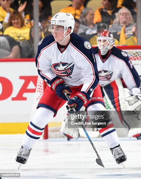 Zach Werenski of the Columbus Blue Jackets skates against the Pittsburgh Penguins in Game One of the Eastern Conference First Round during the 2017...