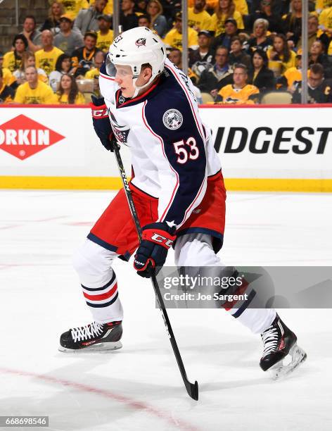 Gabriel Carlsson of the Columbus Blue Jackets skates against the Pittsburgh Penguins in Game One of the Eastern Conference First Round during the...