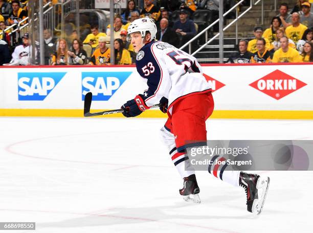 Gabriel Carlsson of the Columbus Blue Jackets skates against the Pittsburgh Penguins in Game One of the Eastern Conference First Round during the...