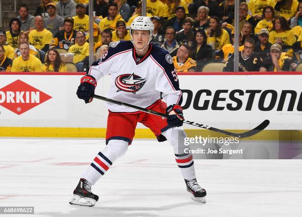 Gabriel Carlsson of the Columbus Blue Jackets skates against the Pittsburgh Penguins in Game One of the Eastern Conference First Round during the...