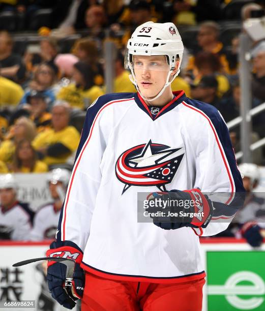 Gabriel Carlsson of the Columbus Blue Jackets skates against the Pittsburgh Penguins in Game One of the Eastern Conference First Round during the...