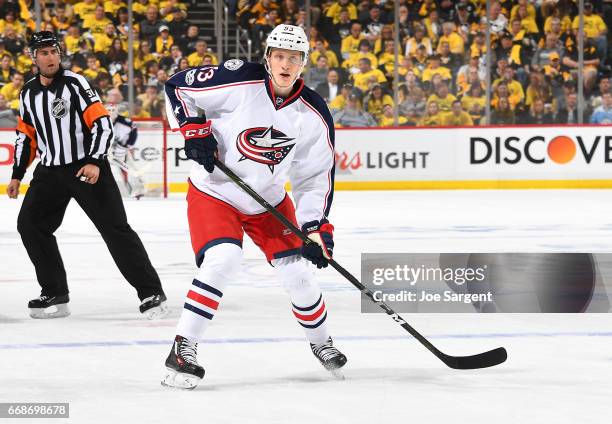 Gabriel Carlsson of the Columbus Blue Jackets skates against the Pittsburgh Penguins in Game One of the Eastern Conference First Round during the...