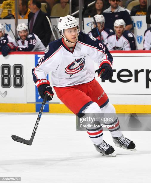 William Karlsson of the Columbus Blue Jackets skates against the Pittsburgh Penguins in Game One of the Eastern Conference First Round during the...