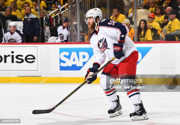 David Savard of the Columbus Blue Jackets skates against the Pittsburgh Penguins in Game One of the Eastern Conference First Round during the 2017...