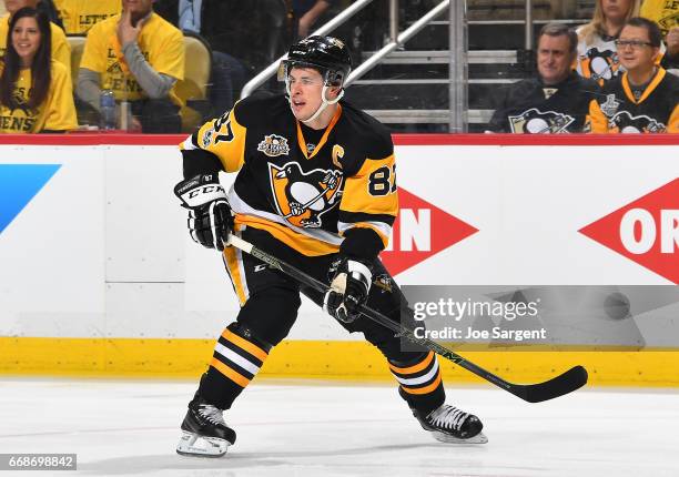 Sidney Crosby of the Pittsburgh Penguins skates against the Columbus Blue Jackets in Game One of the Eastern Conference First Round during the 2017...