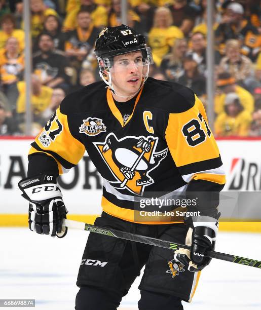 Sidney Crosby of the Pittsburgh Penguins skates against the Columbus Blue Jackets in Game One of the Eastern Conference First Round during the 2017...