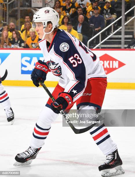 Gabriel Carlsson of the Columbus Blue Jackets skates against the Pittsburgh Penguins in Game One of the Eastern Conference First Round during the...