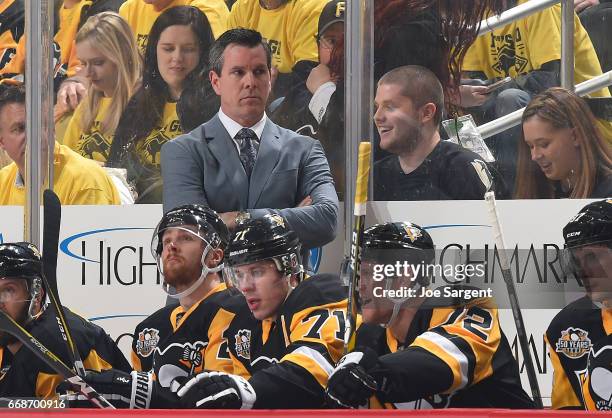 Head coach Mike Sullivan of the Pittsburgh Penguins looks on against the Columbus Blue Jackets in Game One of the Eastern Conference First Round...