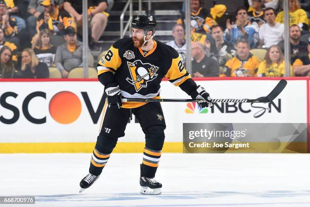 Ian Cole of the Pittsburgh Penguins skates against the Columbus Blue Jackets in Game One of the Eastern Conference First Round during the 2017 NHL...