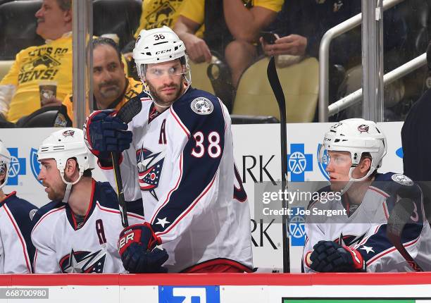 Boone Jenner of the Columbus Blue Jackets looks on against the Pittsburgh Penguins in Game One of the Eastern Conference First Round during the 2017...
